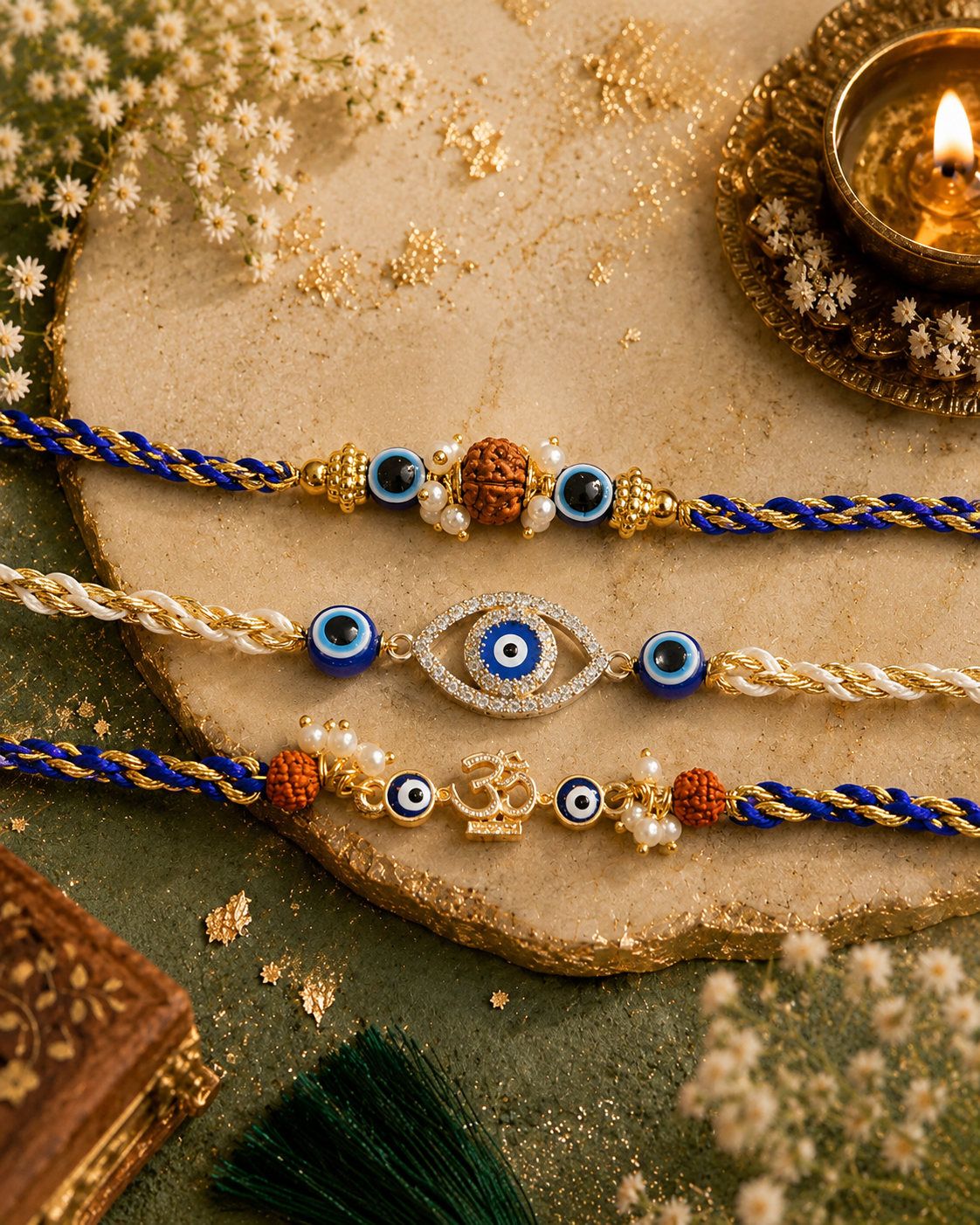Pack of 3 Om Evil Eye - Prithvi - Navyansh Rakhi Set | Tilak Set Included