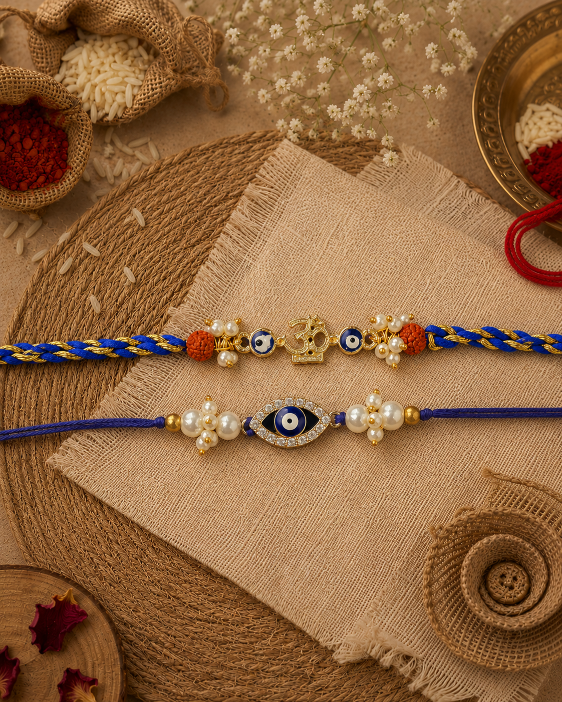 Pack of 2 Om Evil Eye - Indra Rakhi Set | Tilak Set Included