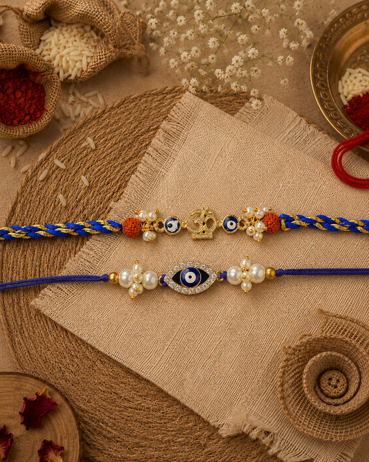 Pack of 2 Om Evil Eye - Indra Rakhi Set | Tilak Set Included