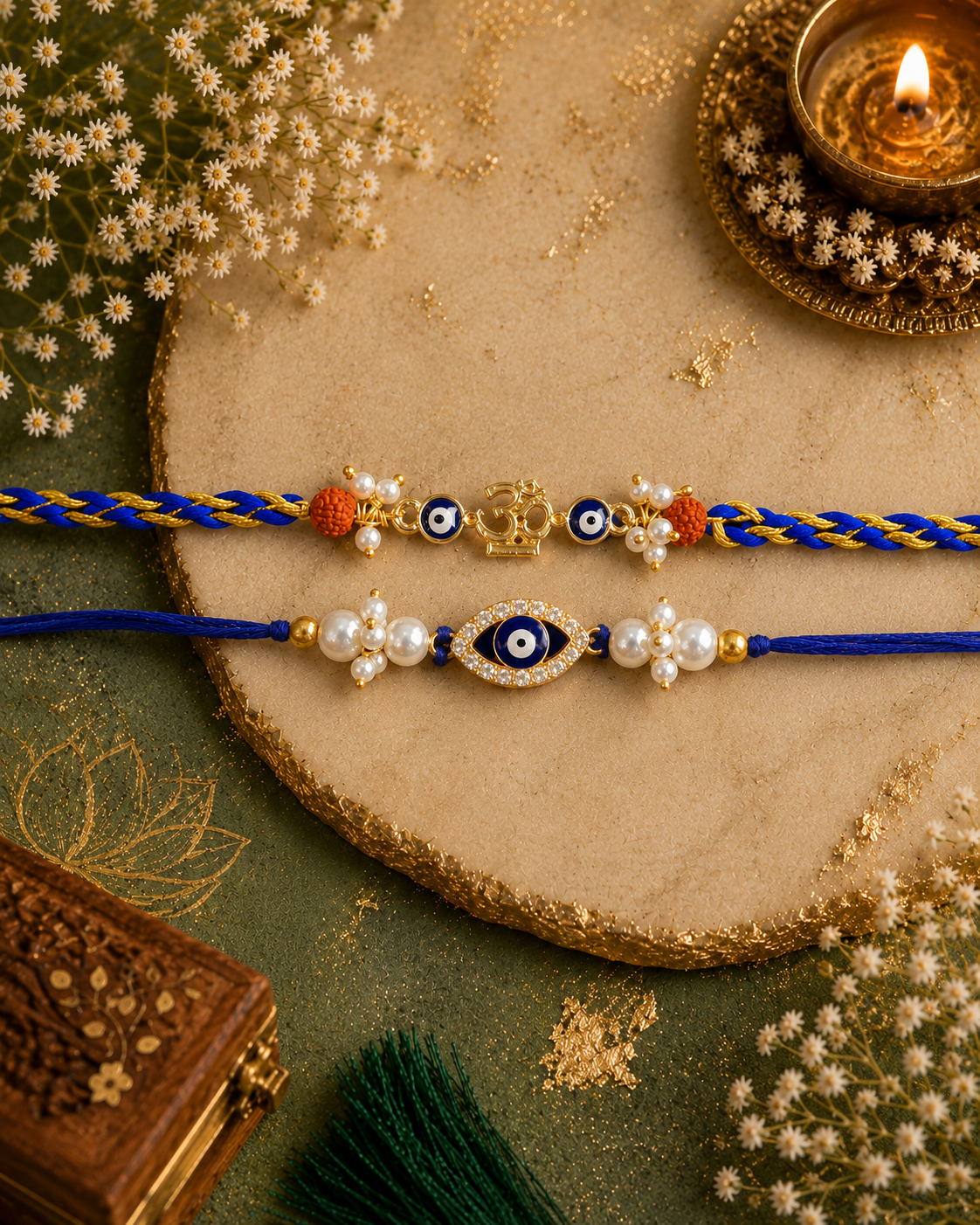 Pack of 2 Om Evil Eye - Indra Rakhi Set | Tilak Set Included