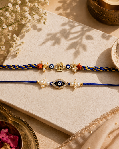 Pack of 2 Om Evil Eye - Indra Rakhi Set | Tilak Set Included