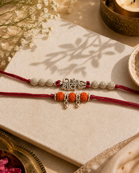 Pack of 2 Silver Shiv - Silver Rudrakash Rakhi Set | Tilak Set Included