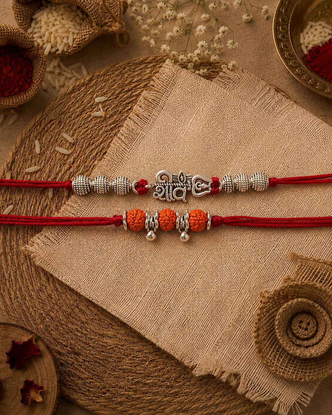 Pack of 2 Silver Shiv - Silver Rudrakash Rakhi Set | Tilak Set Included
