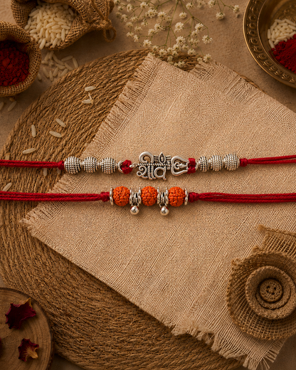 Pack of 2 Silver Shiv - Silver Rudrakash Rakhi Set | Tilak Set Included
