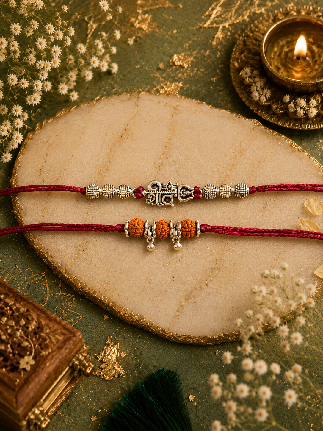 Pack of 2 Silver Shiv - Silver Rudrakash Rakhi Set | Tilak Set Included