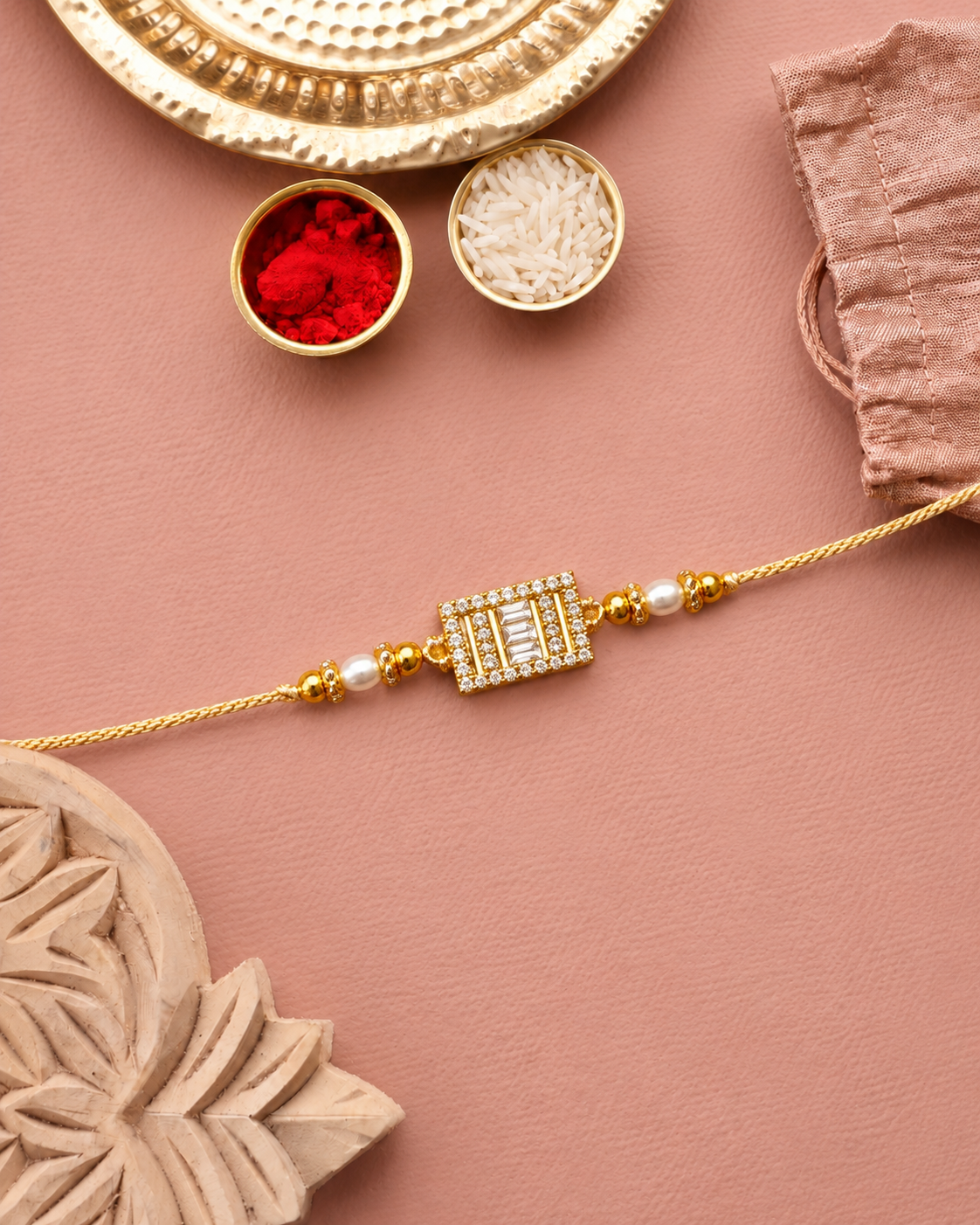 Gold Carolina Diamond Rakhi For Brother | Tilak Set Included