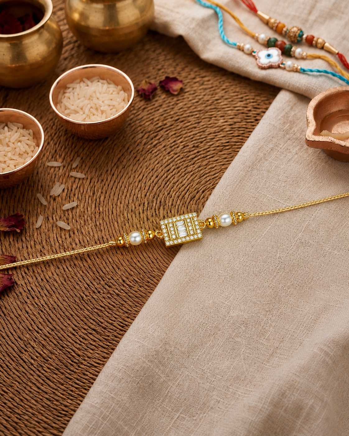 Gold Carolina Diamond Rakhi For Brother | Tilak Set Included