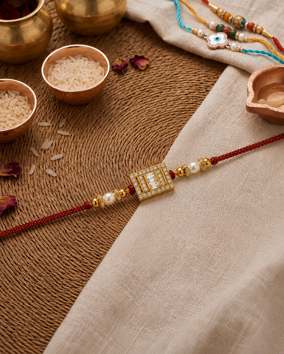 Red Carolina Diamond Rakhi For Brother | Tilak Set Included