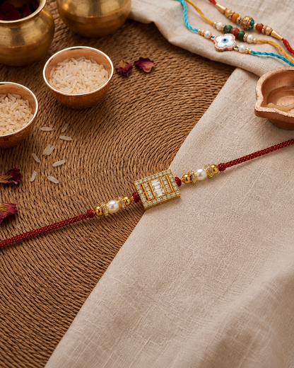 Red Carolina Diamond Rakhi For Brother | Tilak Set Included