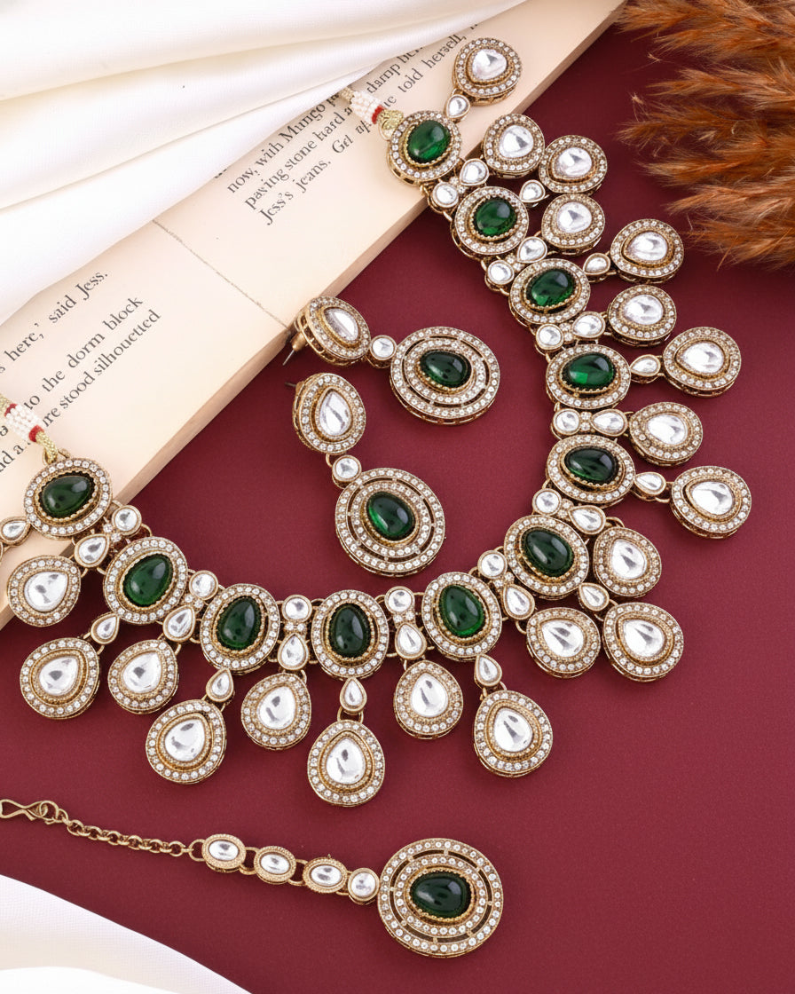 Green Sehaj Premium Polki Dupe Necklace with Earring and Teeka