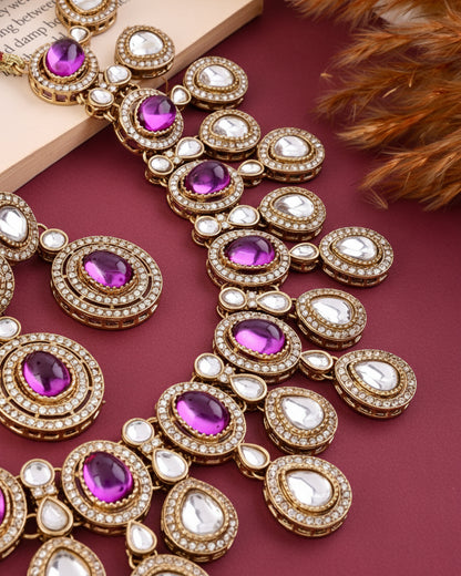 Purple Sehaj Premium Polki Dupe Necklace with Earring and Teeka