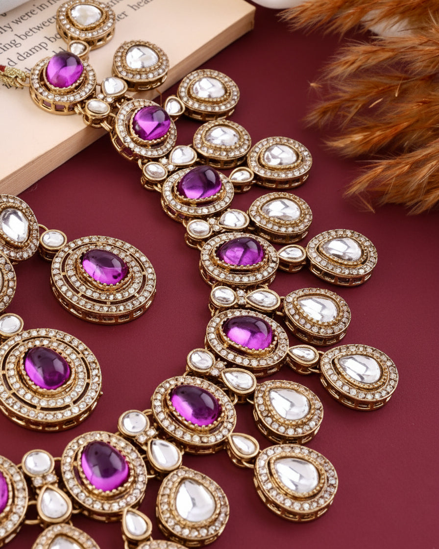 Purple Sehaj Premium Polki Dupe Necklace with Earring and Teeka