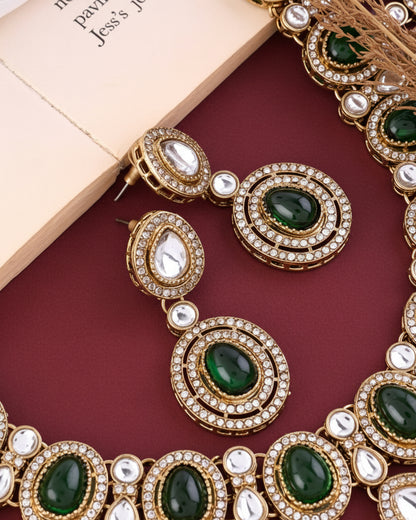 Green Sehaj Premium Polki Dupe Necklace with Earring and Teeka