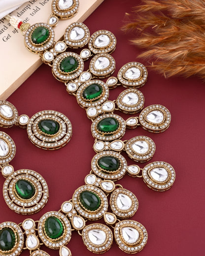 Green Sehaj Premium Polki Dupe Necklace with Earring and Teeka