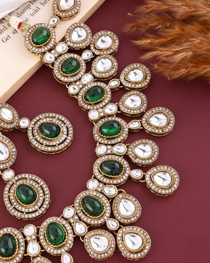 Green Sehaj Premium Polki Dupe Necklace with Earring and Teeka