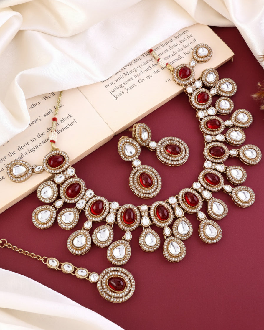 Maroon Sehaj Premium Polki Dupe Necklace with Earring and Teeka