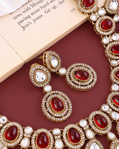 Maroon Sehaj Premium Polki Dupe Necklace with Earring and Teeka