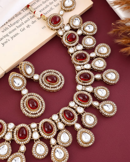 Maroon Sehaj Premium Polki Dupe Necklace with Earring and Teeka