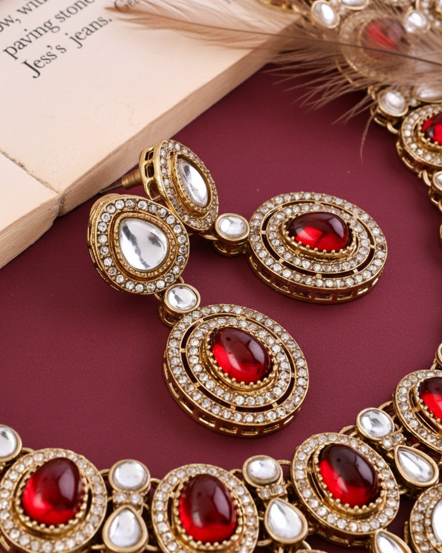 Maroon Sehaj Premium Polki Dupe Necklace with Earring and Teeka