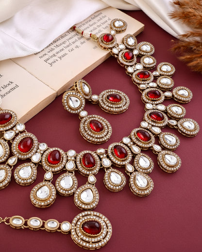 Maroon Sehaj Premium Polki Dupe Necklace with Earring and Teeka