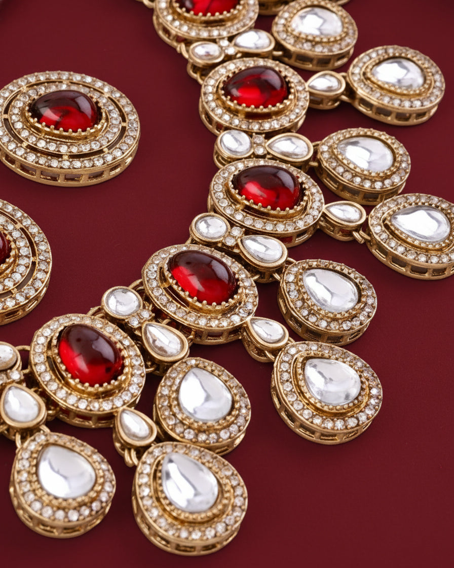 Maroon Sehaj Premium Polki Dupe Necklace with Earring and Teeka