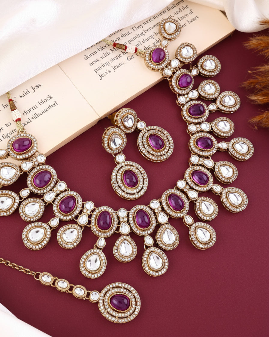 Purple Sehaj Premium Polki Dupe Necklace with Earring and Teeka