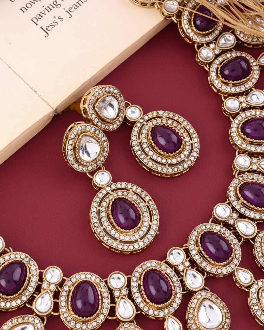 Purple Sehaj Premium Polki Dupe Necklace with Earring and Teeka