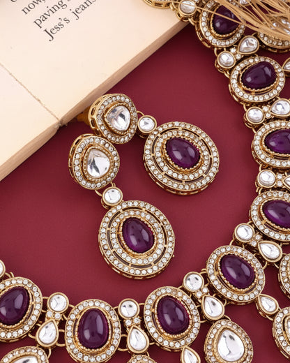 Purple Sehaj Premium Polki Dupe Necklace with Earring and Teeka