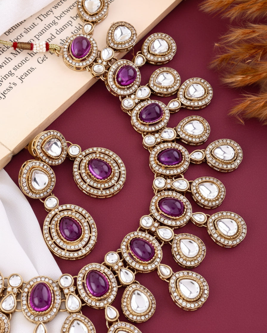 Purple Sehaj Premium Polki Dupe Necklace with Earring and Teeka