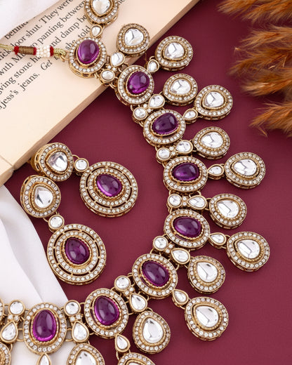 Purple Sehaj Premium Polki Dupe Necklace with Earring and Teeka