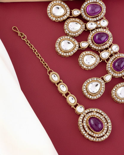 Purple Sehaj Premium Polki Dupe Necklace with Earring and Teeka