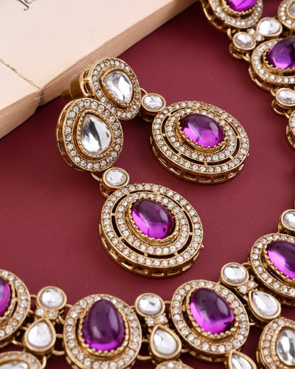 Purple Sehaj Premium Polki Dupe Necklace with Earring and Teeka