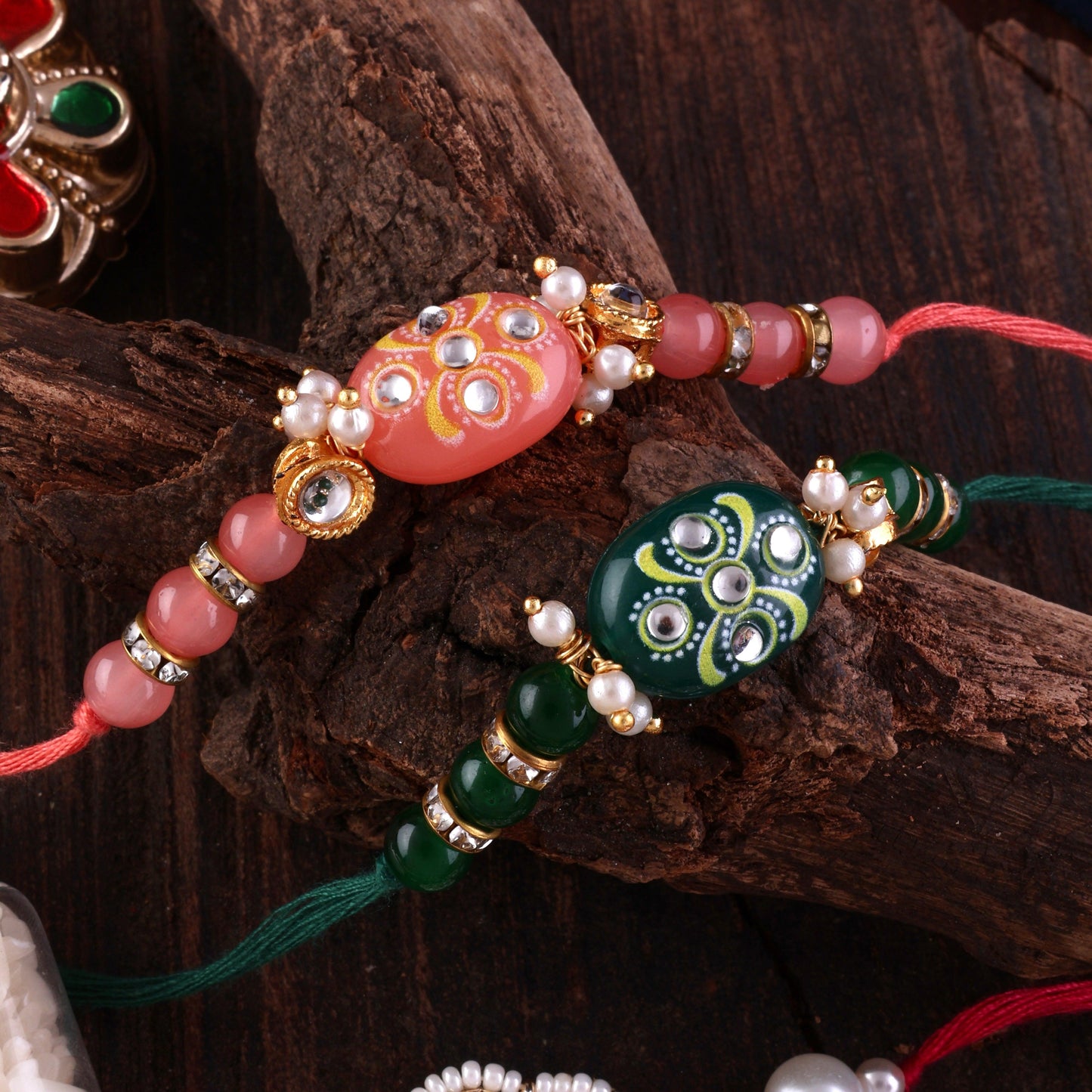 Pack Of 2 Jadau Beaded Kundan Rakhi with Tilak Set and Card