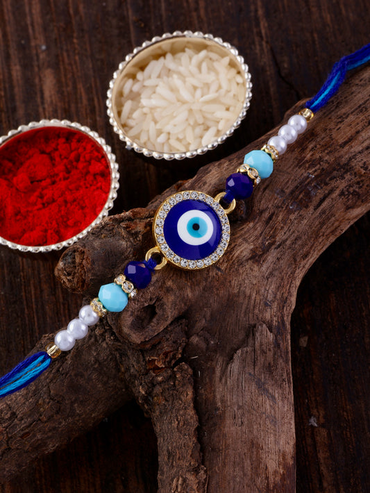 Blue Zaroon Evil Eye Rakhi with Tilak Set and Card 