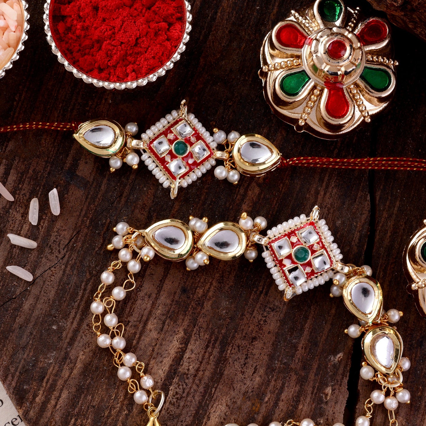 Red Saloni Bhaiya Bhabhi Rakhi with Tilak Set and Card