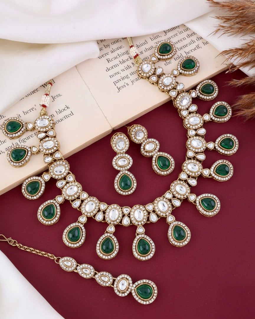 Green Nivaya Premium Polki Dupe Necklace with Earring and Teeka