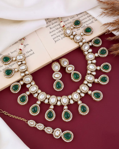 Green Nivaya Premium Polki Dupe Necklace with Earring and Teeka