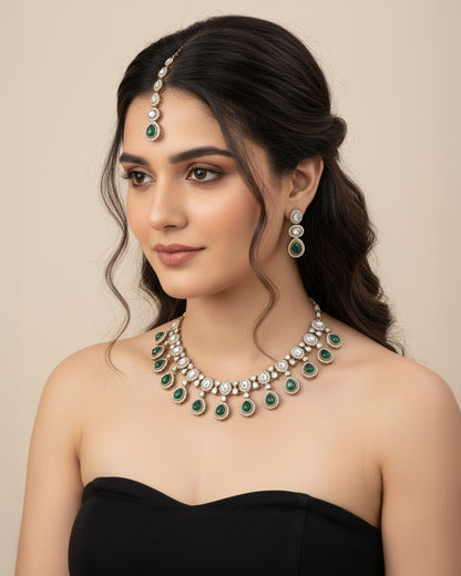 Green Nivaya Premium Polki Dupe Necklace with Earring and Teeka