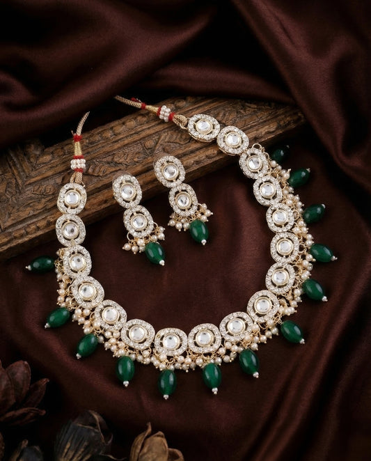 Green Fareed Kundan Zircone Necklace With Earring