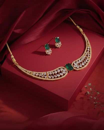 Green Nuha Designer Indo Western Necklace With Earrings