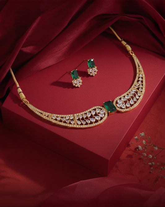 Green Nuha Designer Indo Western Necklace With Earrings