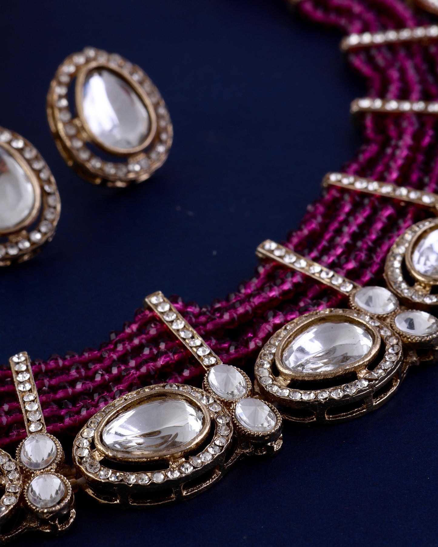 Purple Darvesh Zircone Polki Dupe Pearl Necklace with Earring
