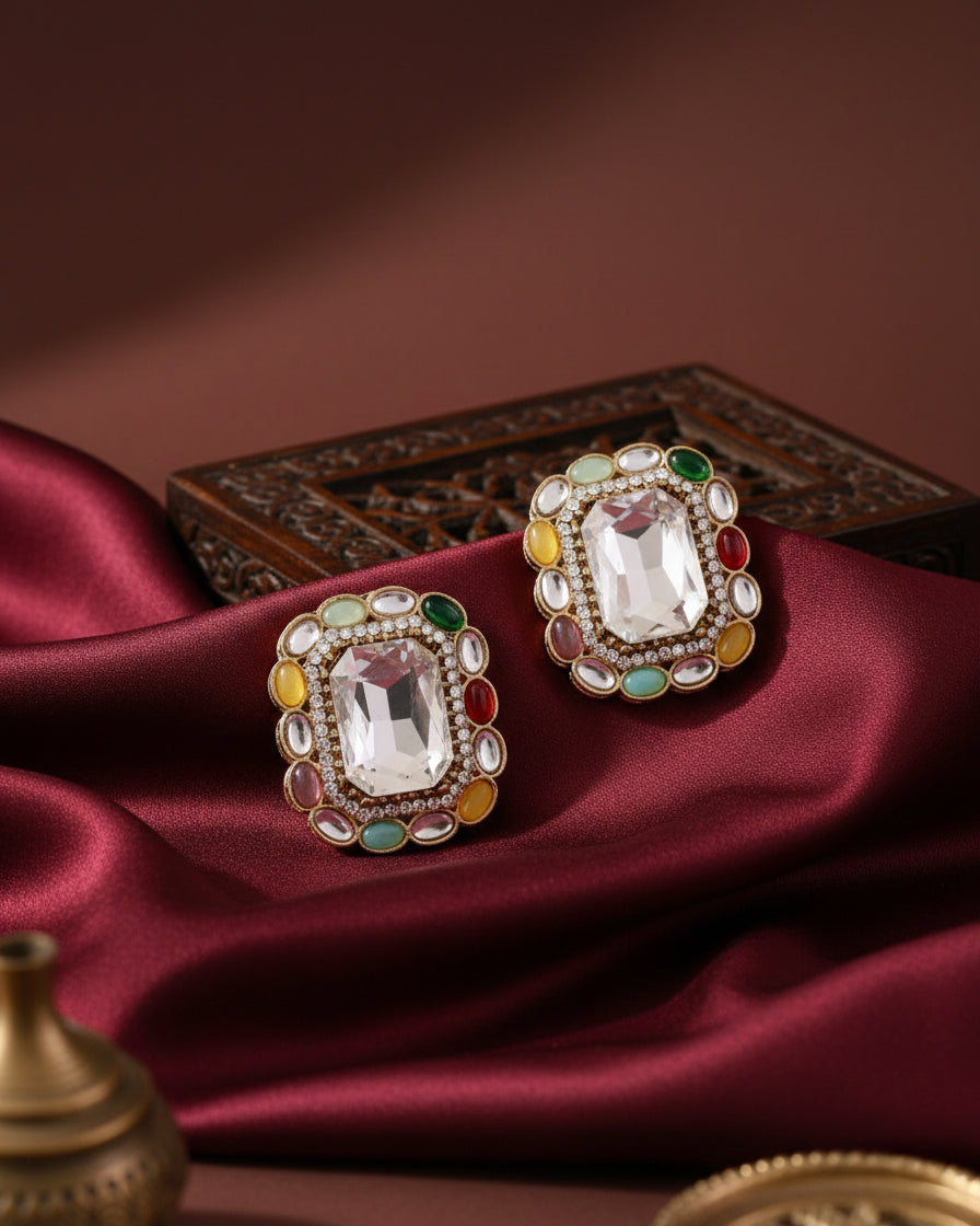 Silver Multi Miyoko Premium Kundan Zircone Stud Earrings