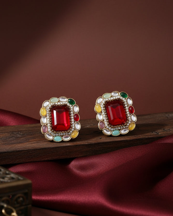 Red Multi Miyoko Premium Kundan Zircone Stud Earrings