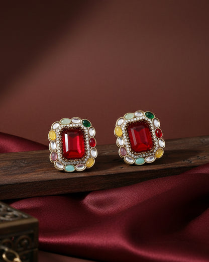 Red Multi Miyoko Premium Kundan Zircone Stud Earrings