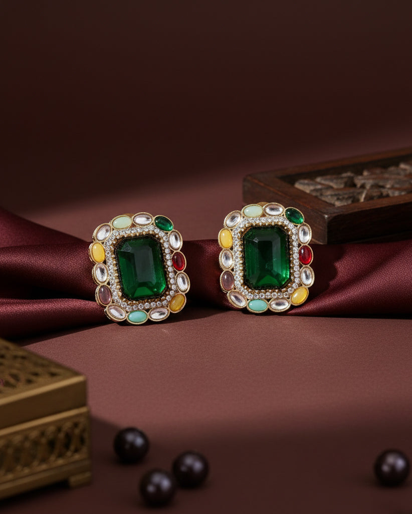 Green Multi Miyoko Premium Kundan Zircone Stud Earrings