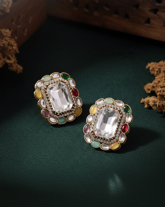 Silver Multi Miyoko Premium Kundan Zircone Stud Earrings