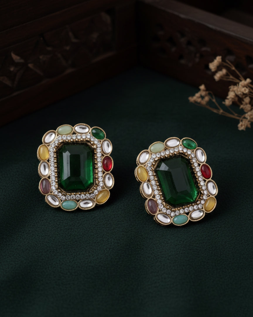 Green Multi Miyoko Premium Kundan Zircone Stud Earrings