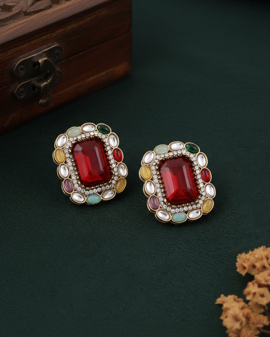 Red Multi Miyoko Premium Kundan Zircone Stud Earrings