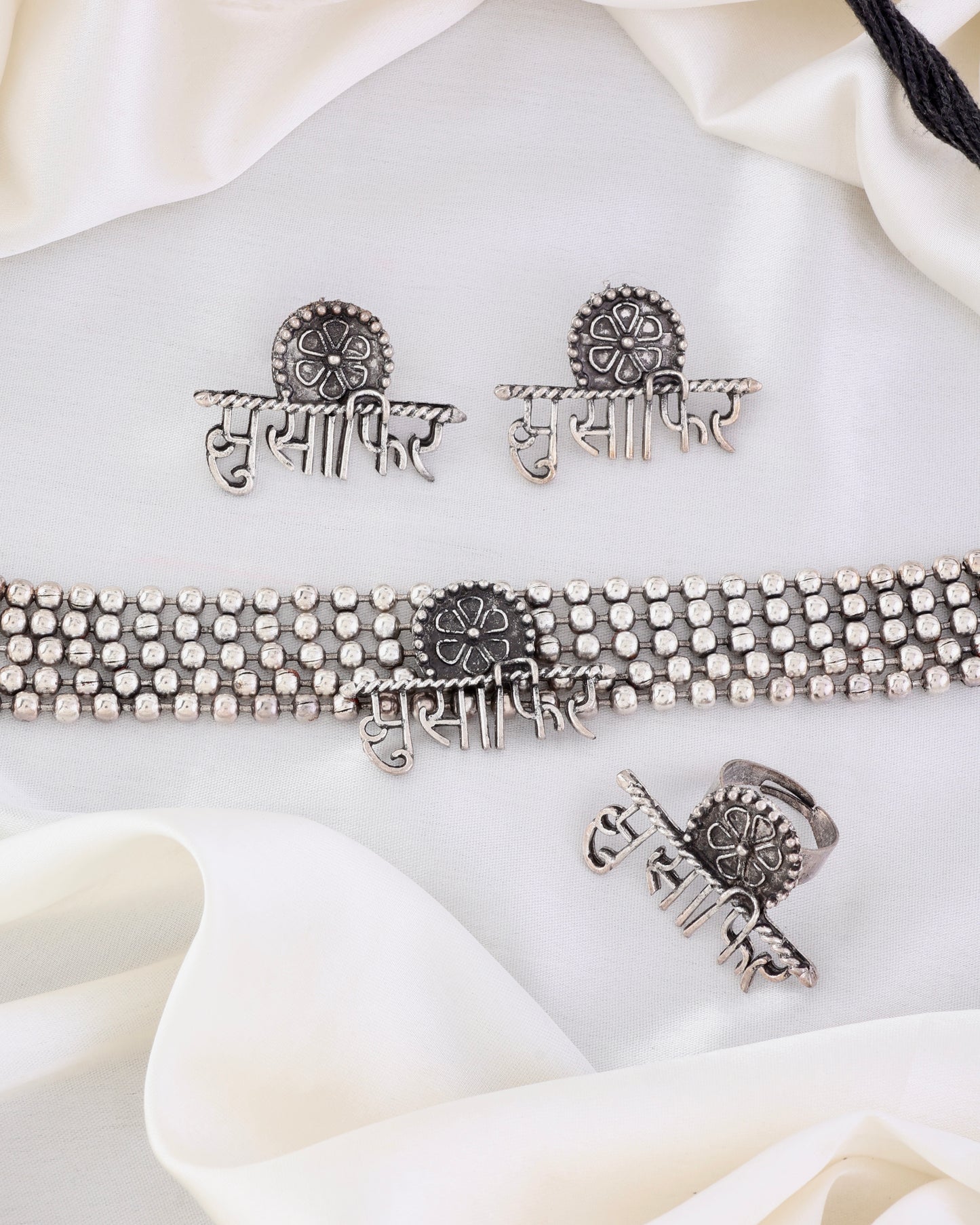 Musafir Choker Earring with Ring - Oxidised